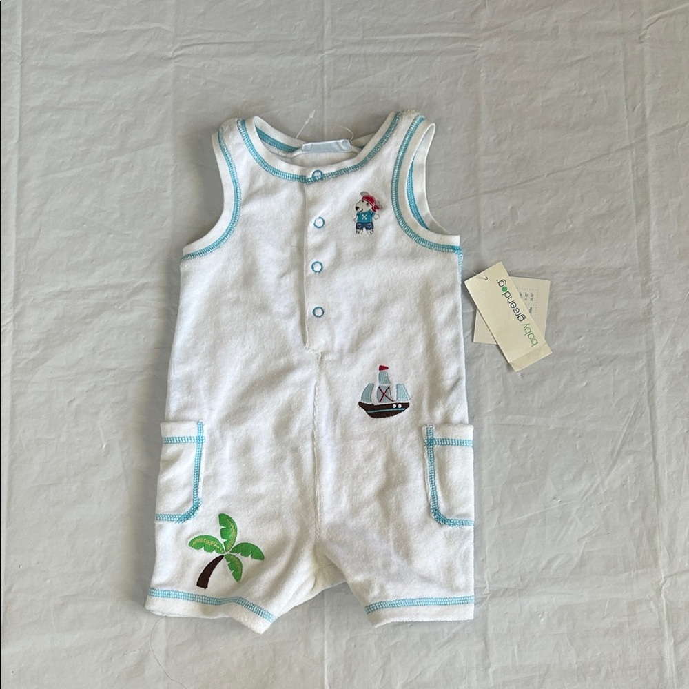 greendog White Baby Romper with Aqua Trim and Nautical Embroidery